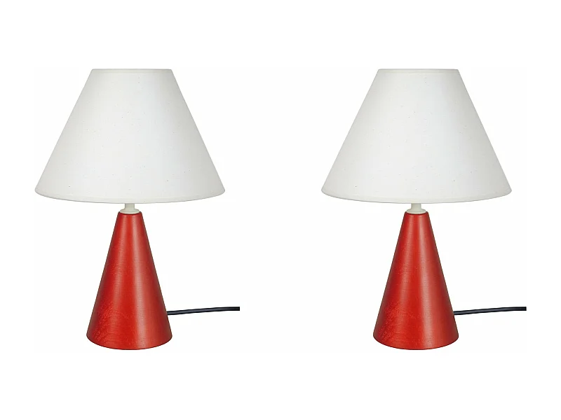 Pair de Lampes de chevet conique bois  rouge. 32 cm.