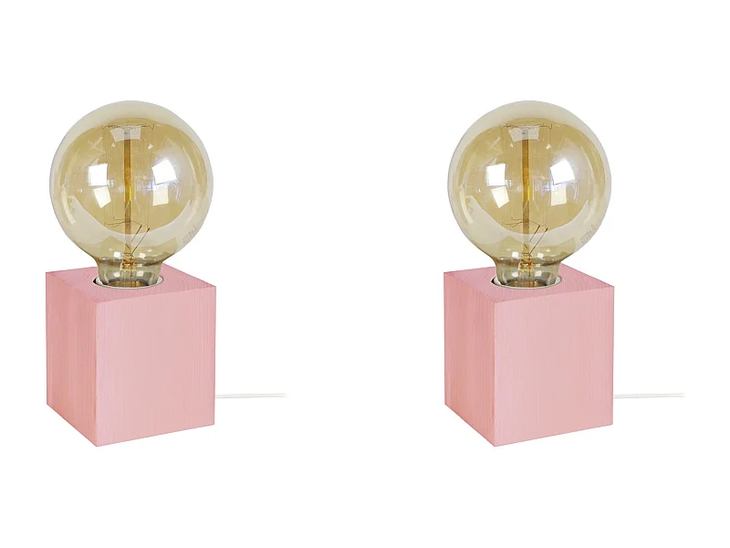 Pair de Lampes de chevet carré bois  rose 21 cm.