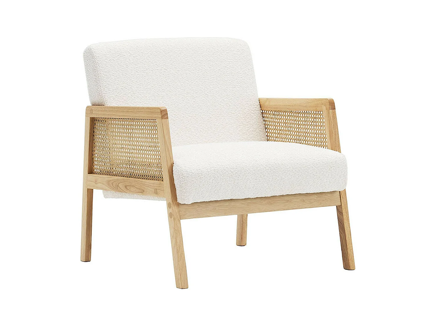 Fauteuil en cannage et tissu bouclé écru - Mani