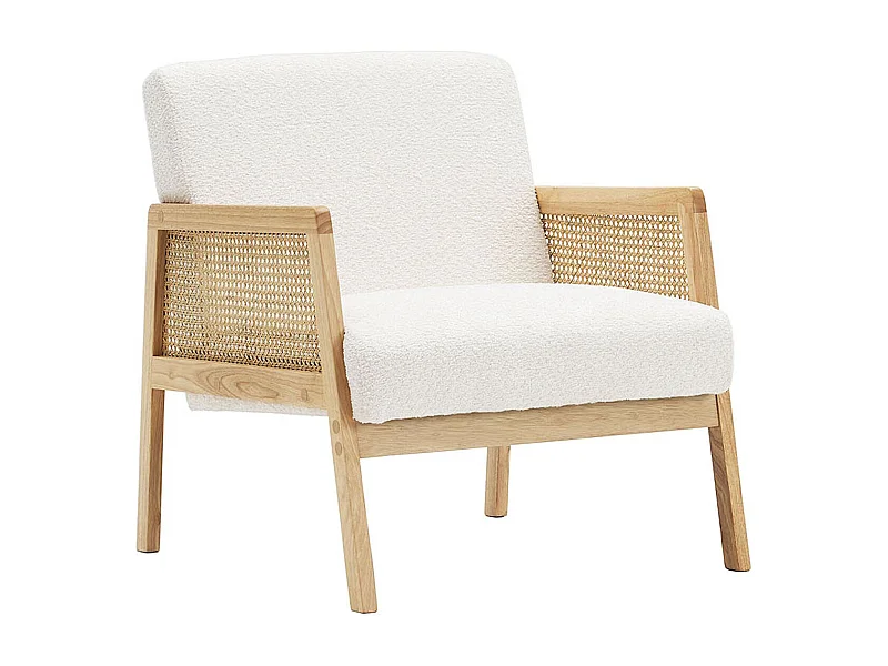Fauteuil en cannage et tissu bouclé beige - Mani