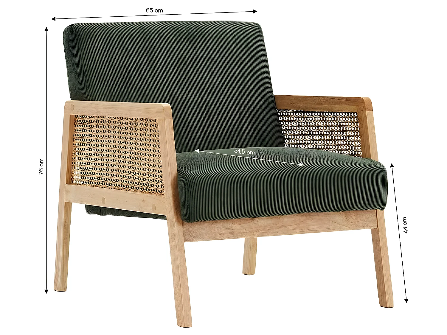 Fauteuil en cannage et velours côtelé vert kaki - Mani