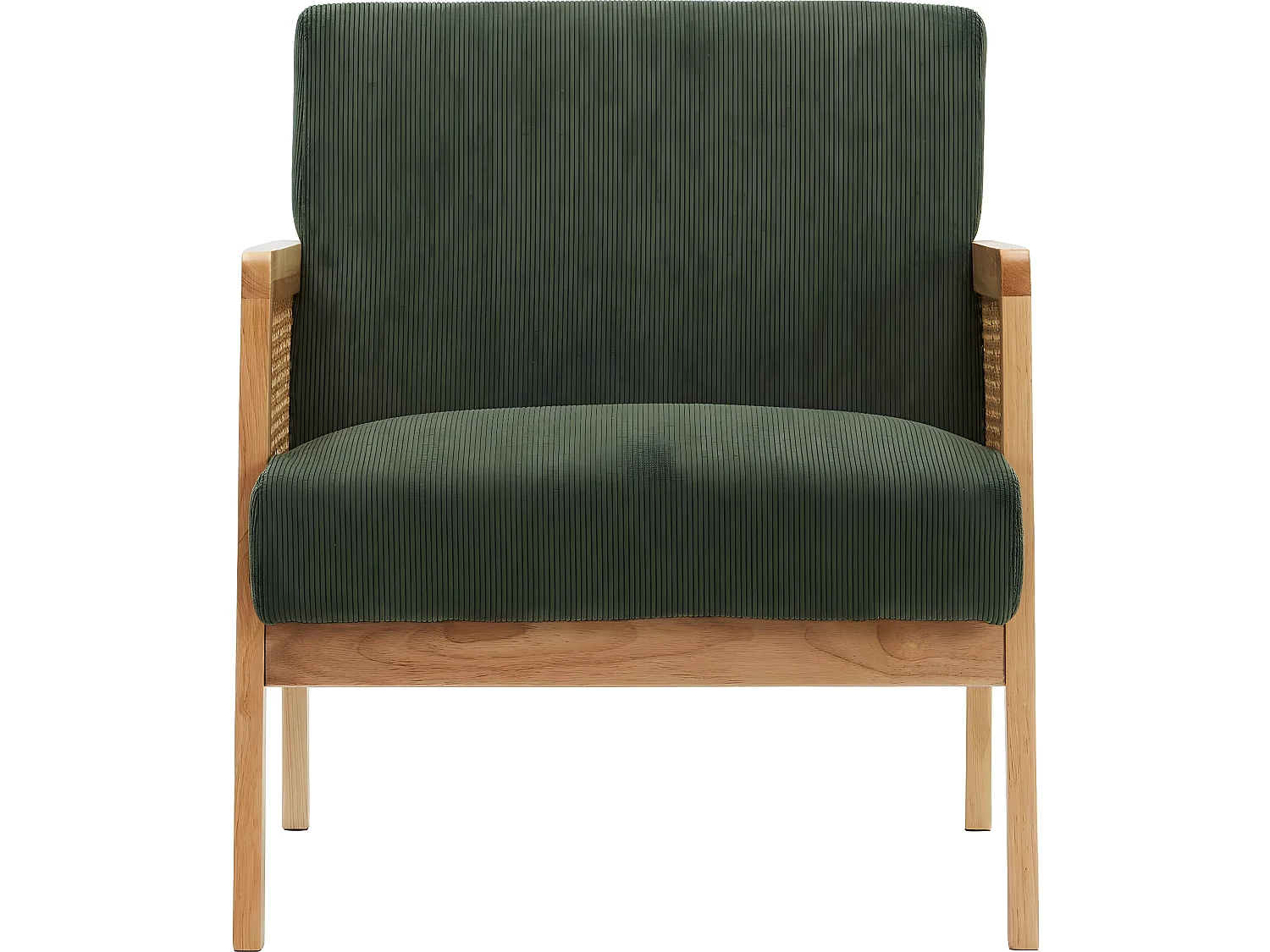 Fauteuil en cannage et velours côtelé vert kaki - Mani