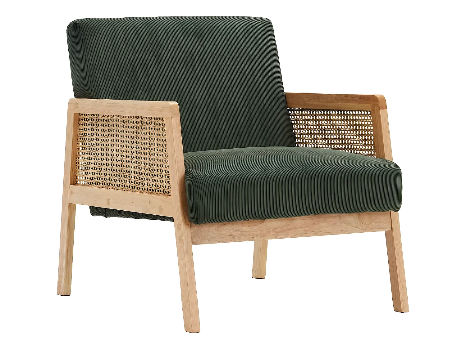 Fauteuil en cannage et velours côtelé vert kaki - Mani