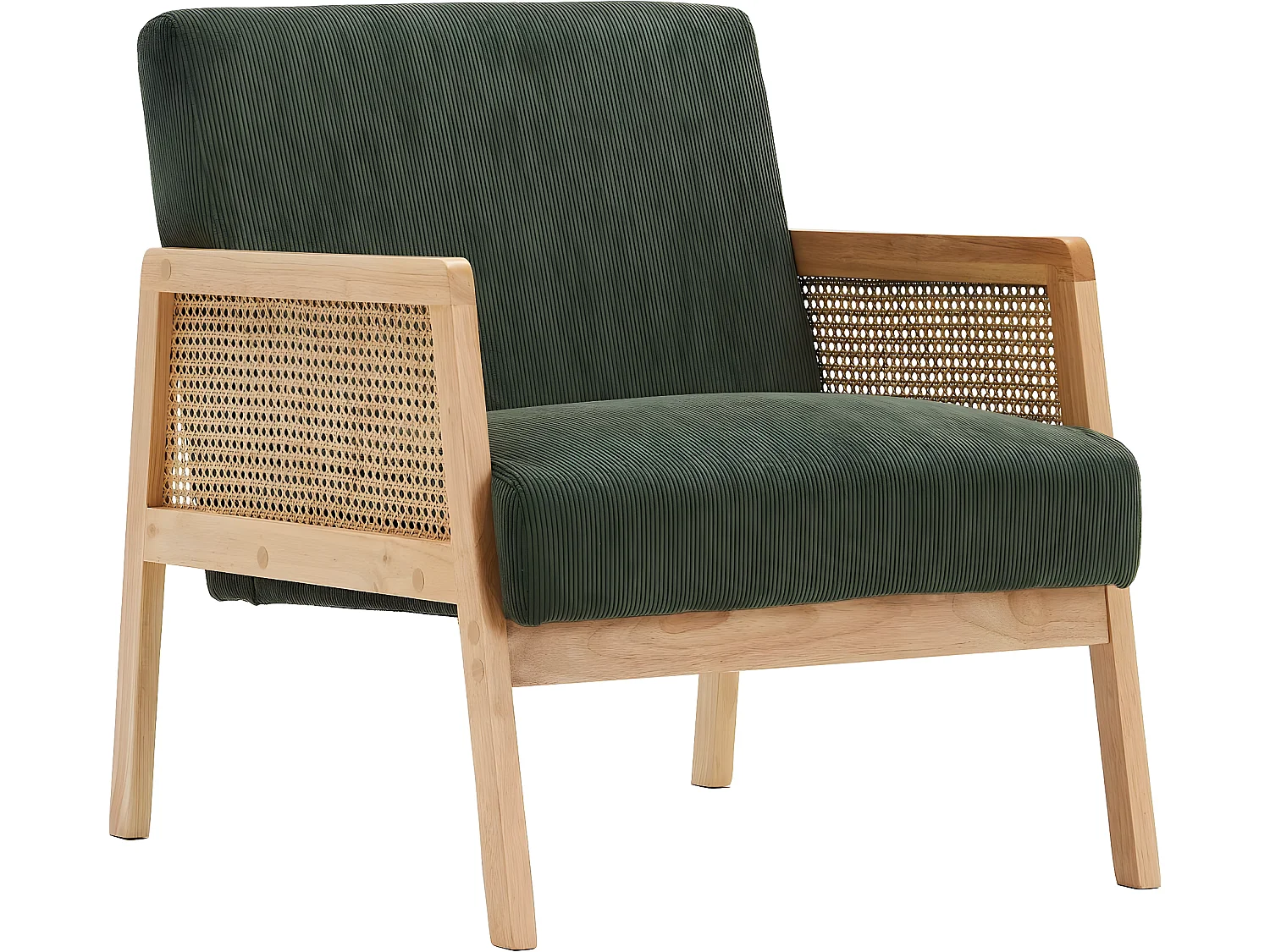 Fauteuil en cannage et velours côtelé vert kaki - Mani