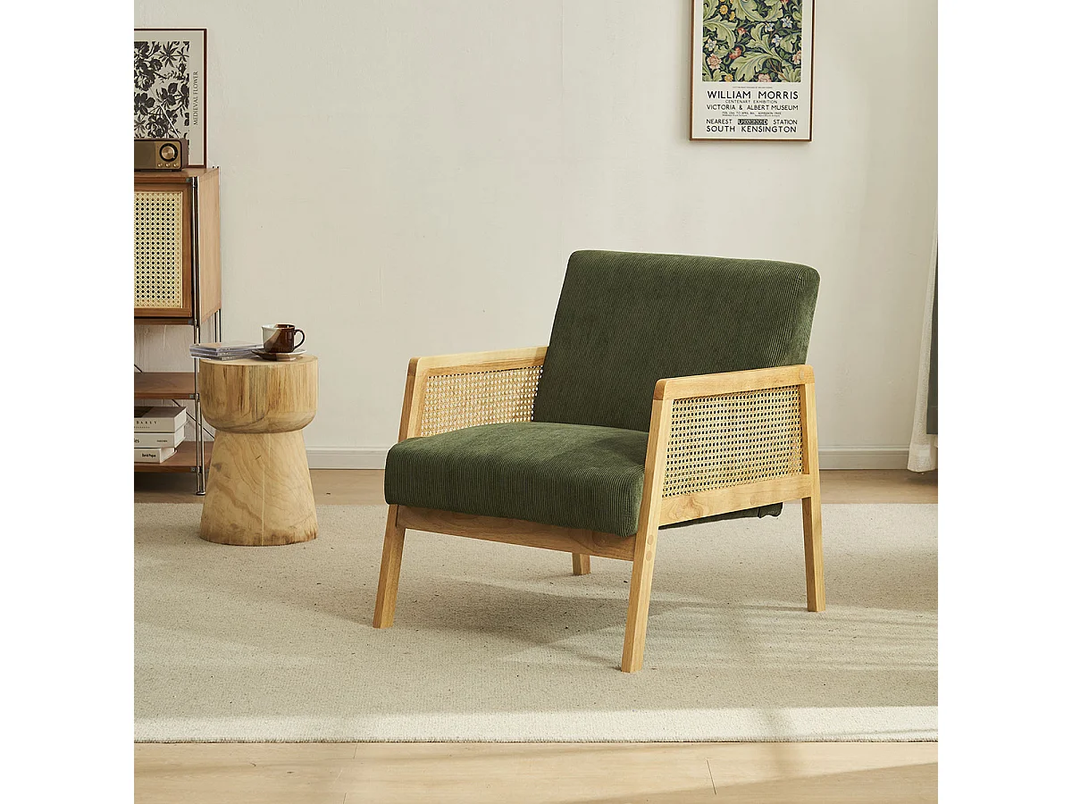 Fauteuil en cannage et velours côtelé vert kaki - Mani