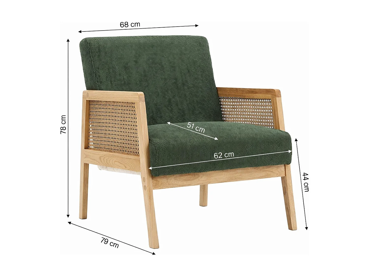 Fauteuil en cannage et velours côtelé vert kaki - Mani