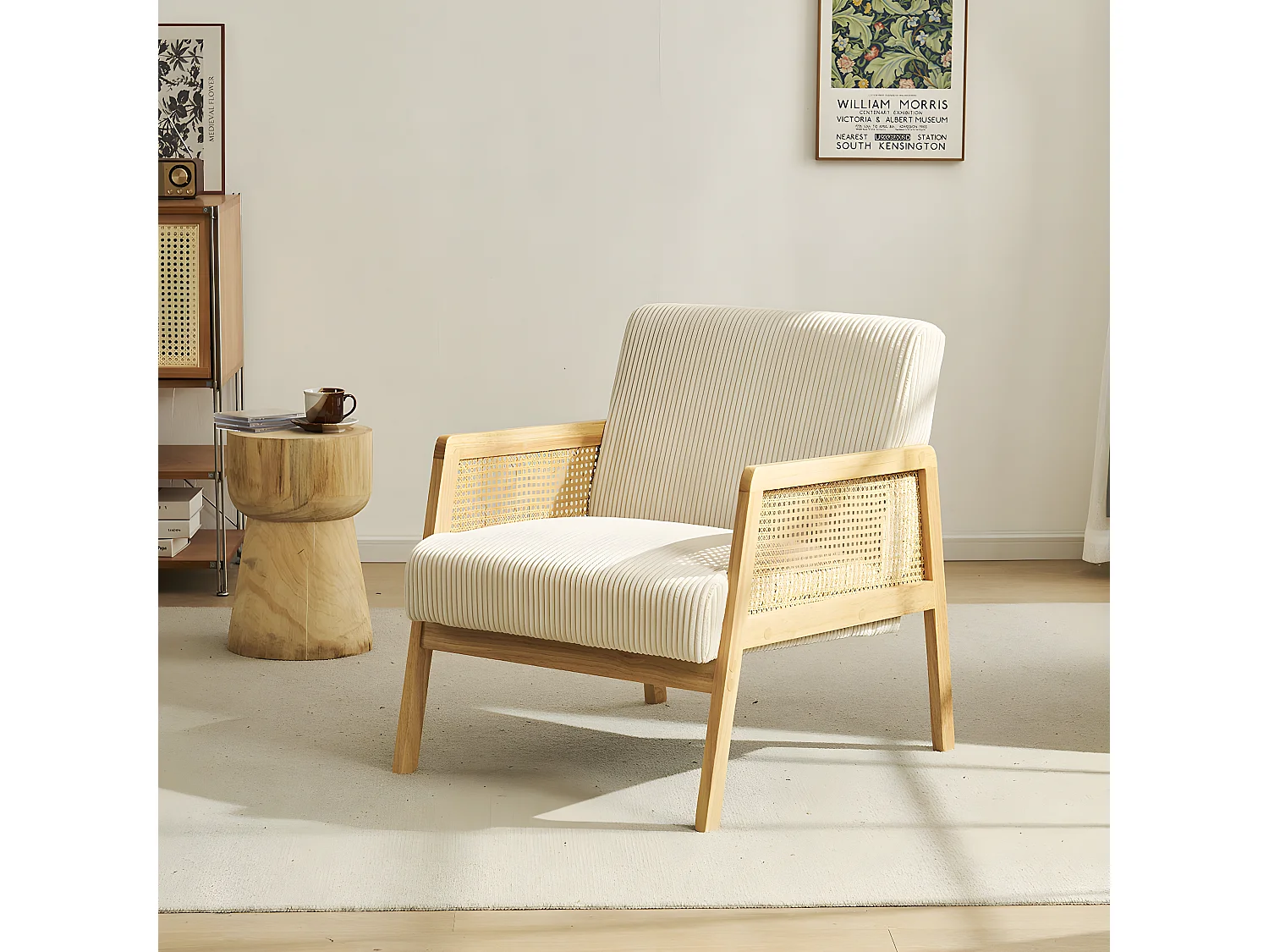 Fauteuil en cannage et velours côtelé beige - Mani