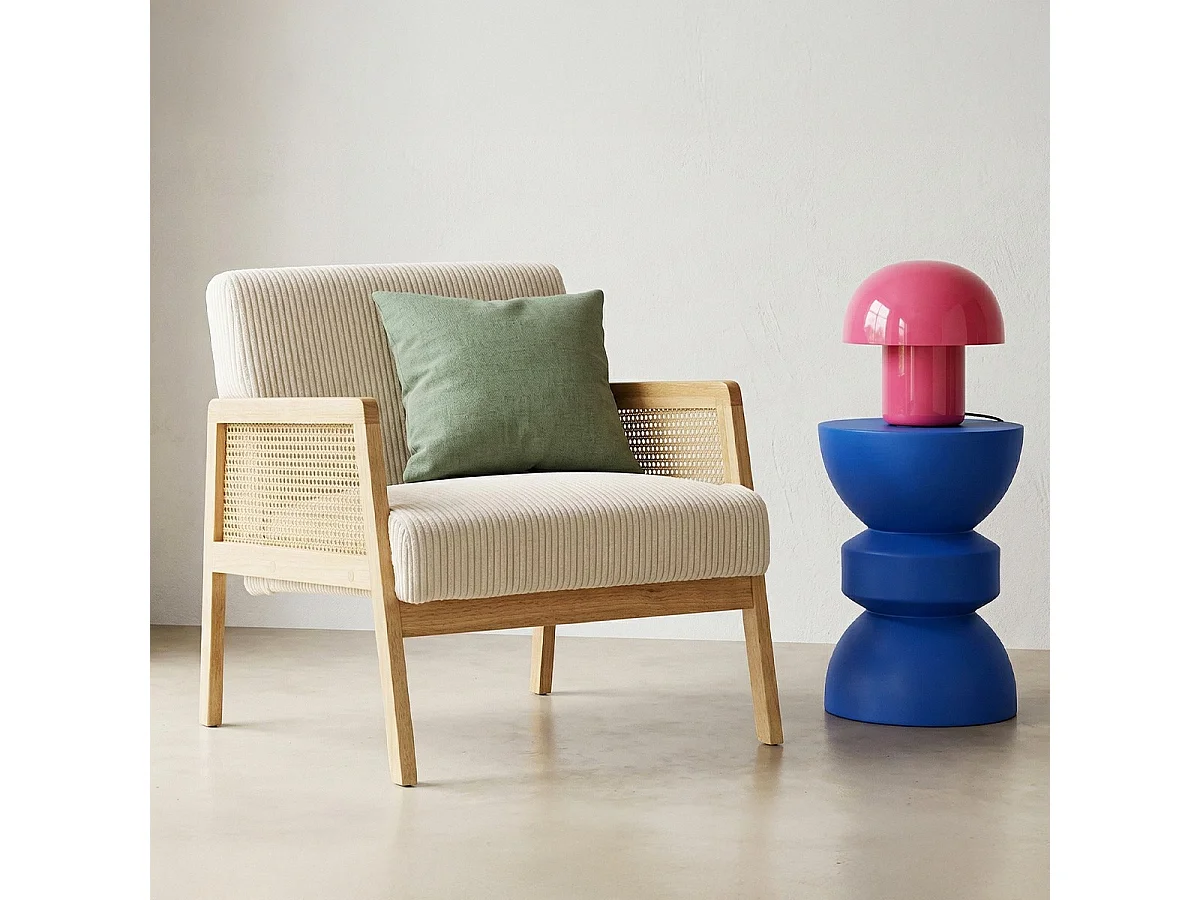 Fauteuil en cannage et velours côtelé beige - Mani