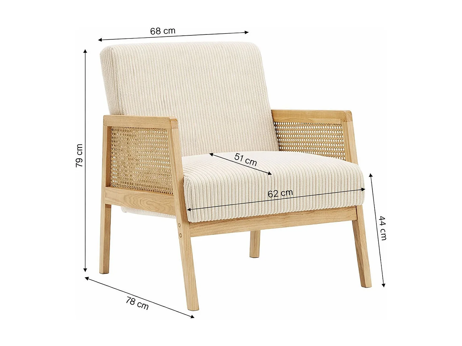 Fauteuil en cannage et velours côtelé beige - Mani