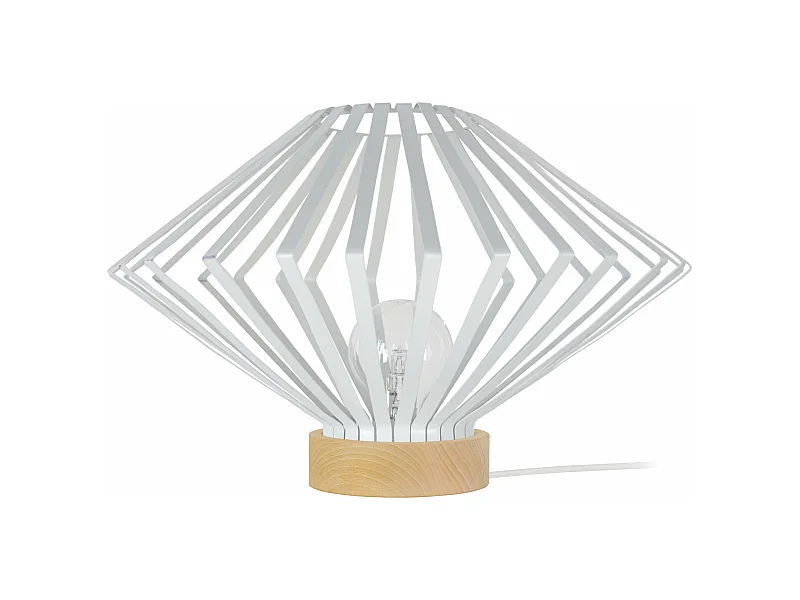 Lampe a poser,bois conique métal  blanc 34 cm.