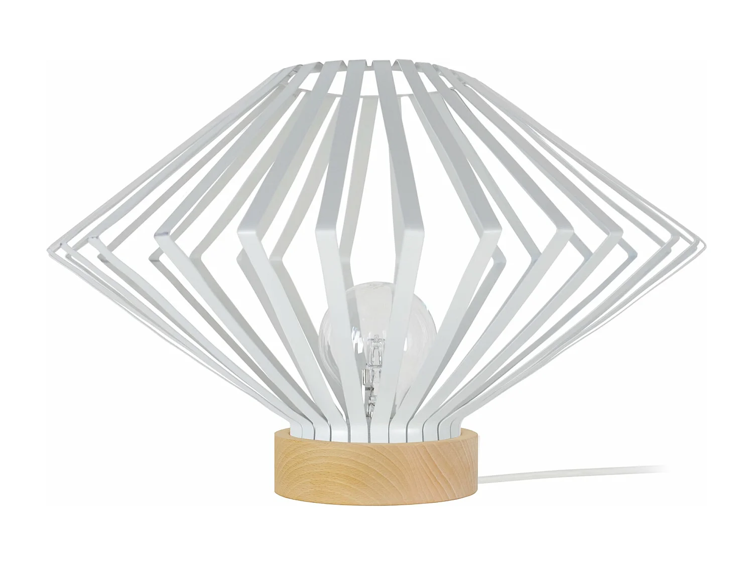 Lampe a poser,bois conique métal  blanc 34 cm.