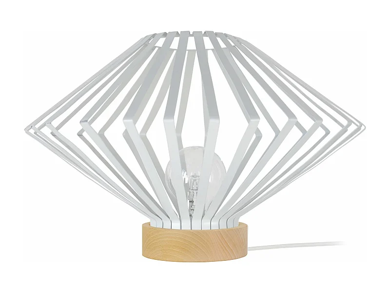 Lampe a poser,bois conique métal  blanc 34 cm.