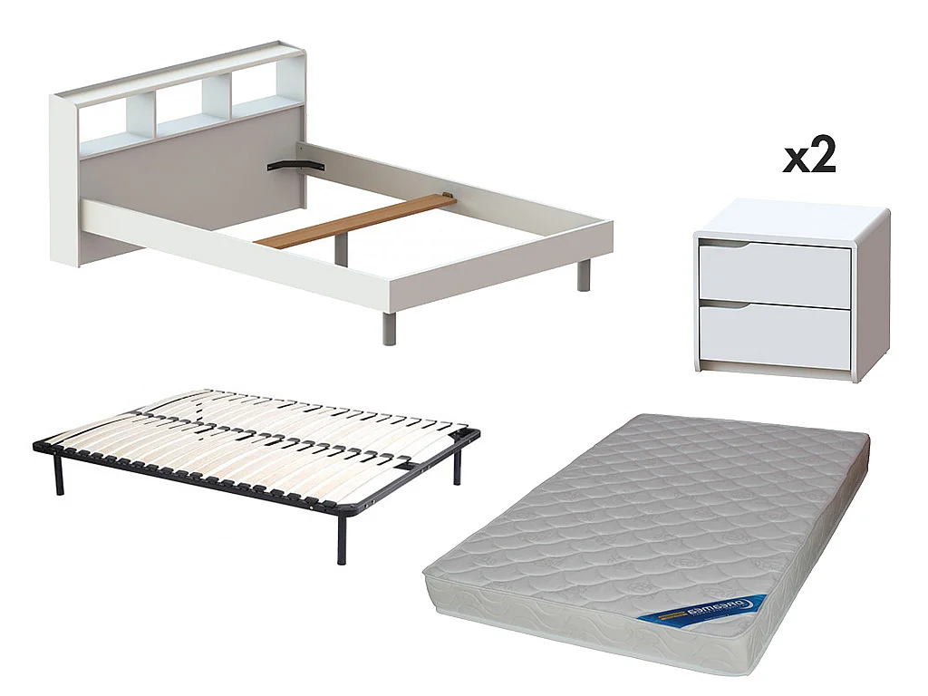 Pack CHAMBRE LUCILE - Lit 140*190 cm + sommier + matelas ZEUS et 2 chevets - Blanc