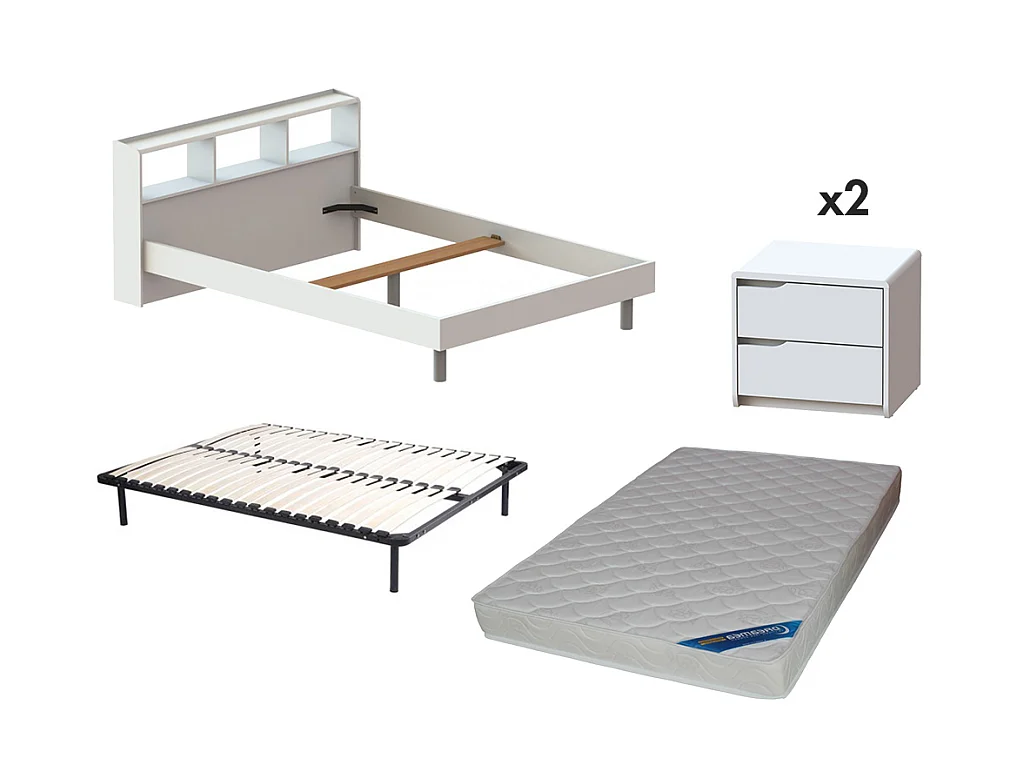 Pack CHAMBRE LUCILE - Lit 140*190 cm + sommier + matelas ZEUS et 2 chevets - Blanc