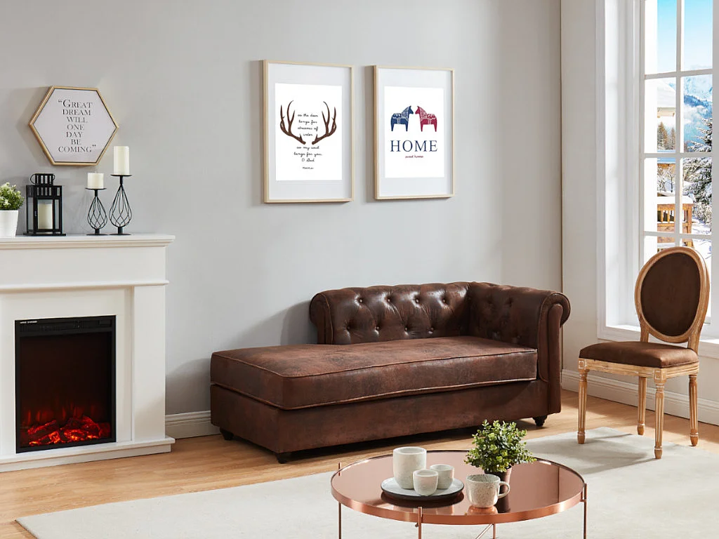 Méridienne gauche chesterfield en microfibre aspect cuir vieilli SHIREL