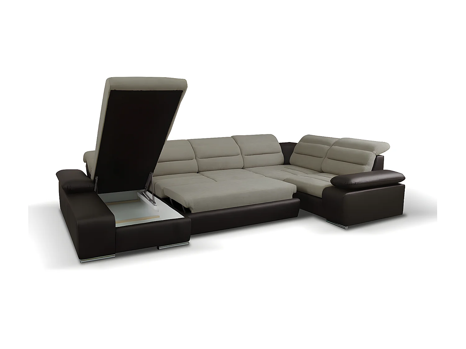 Divano letto angolare panoramico in tessuto e similpelle Bicolore beige e marrone - Angolo a sinistra - BOILEAU