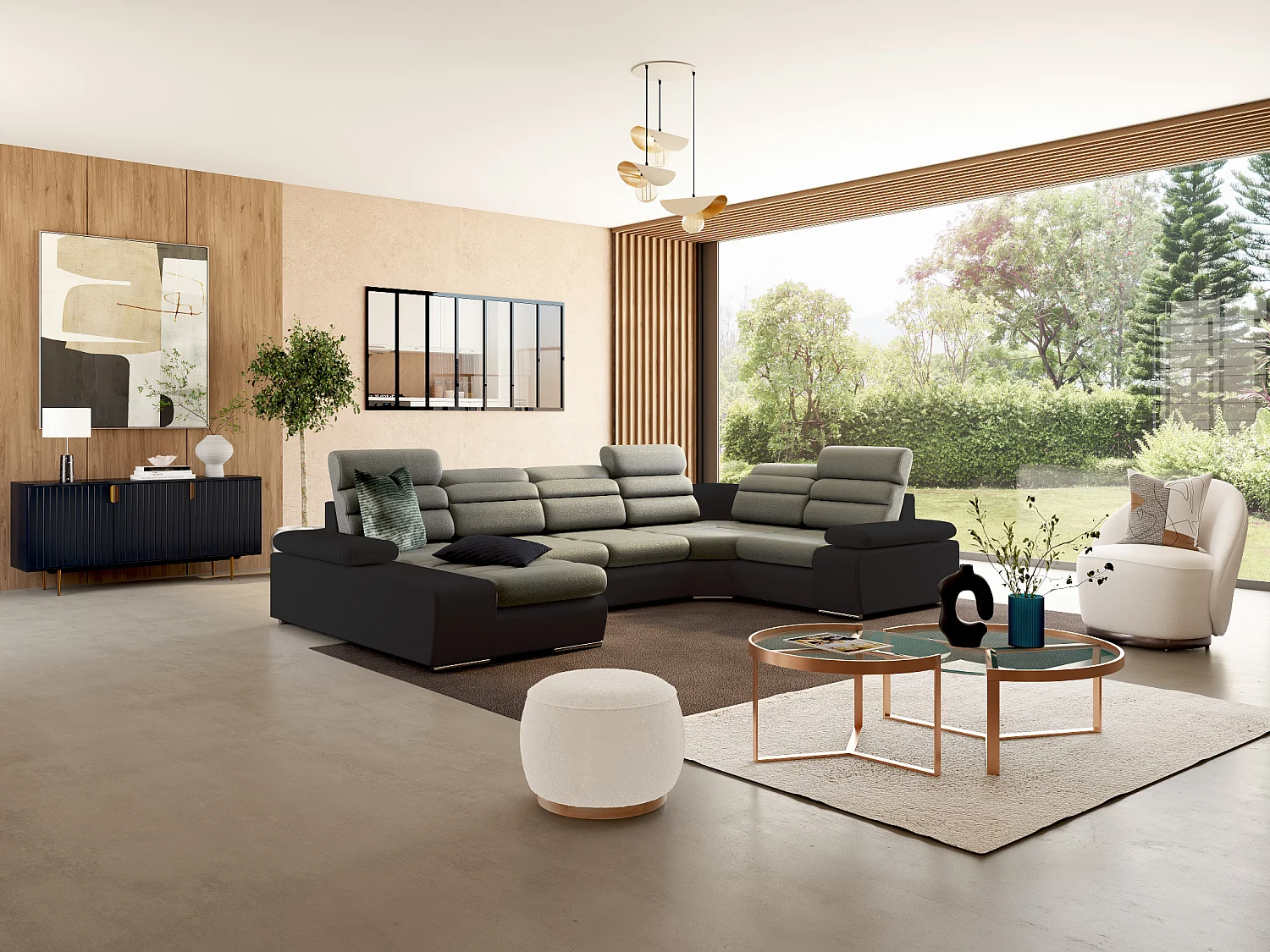 Canapé d'angle panoramique convertible en tissu et simili BOILEAU - Bicolore beige/marron - Angle gauche