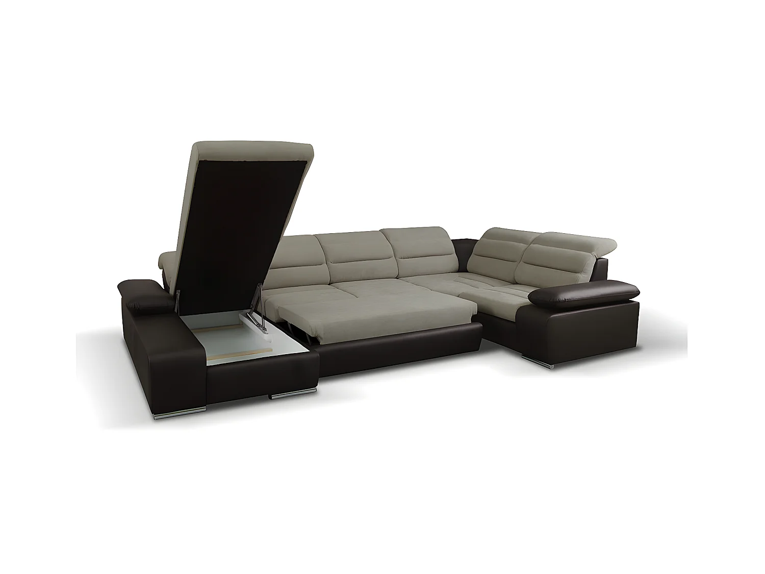 Canapé d'angle panoramique convertible en tissu et simili BOILEAU - Bicolore beige/marron - Angle gauche