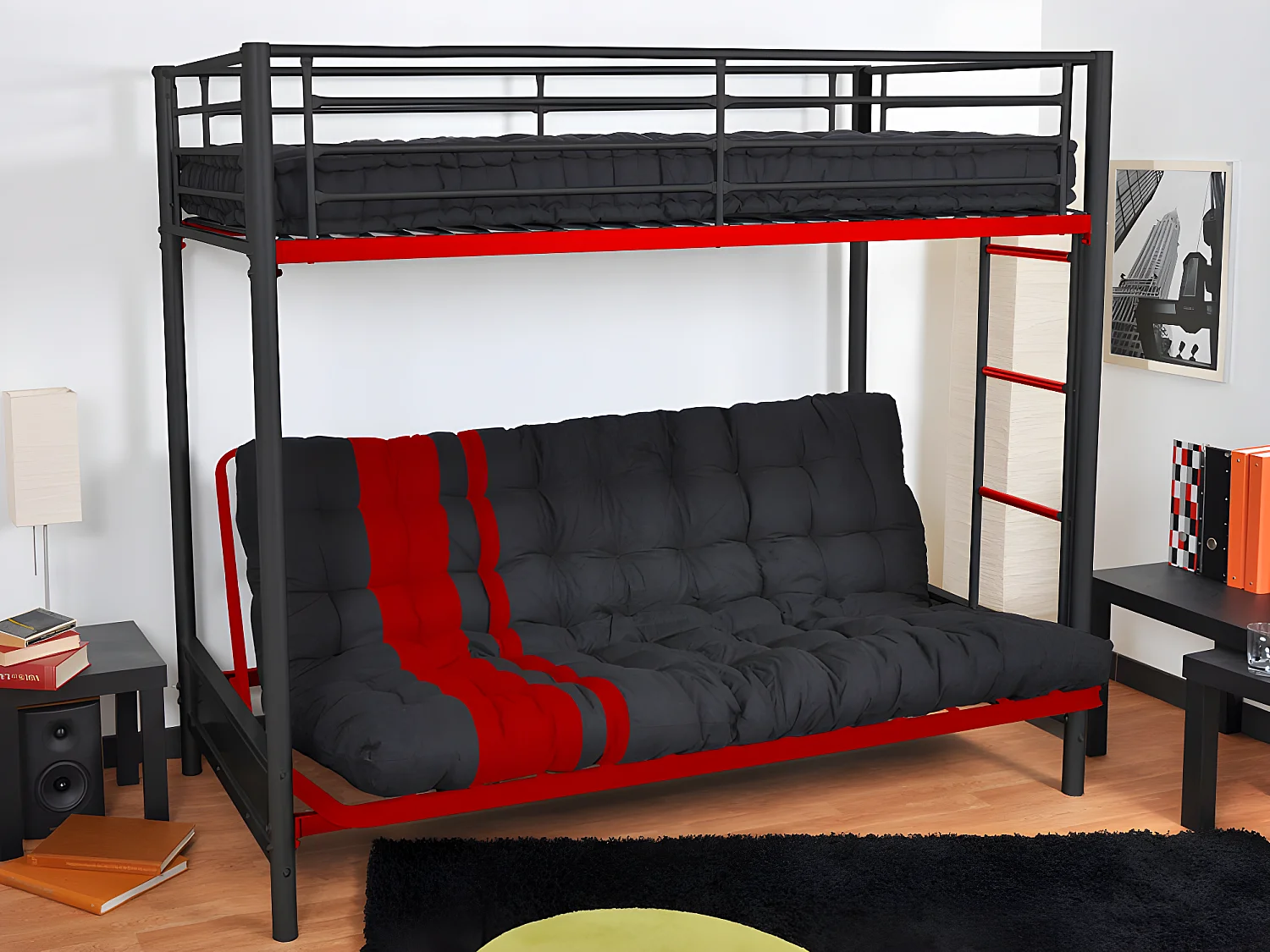 Futon 135 x 190 cm spécial banquette-lit ép.10cm - Noir et Rouge - MODULO