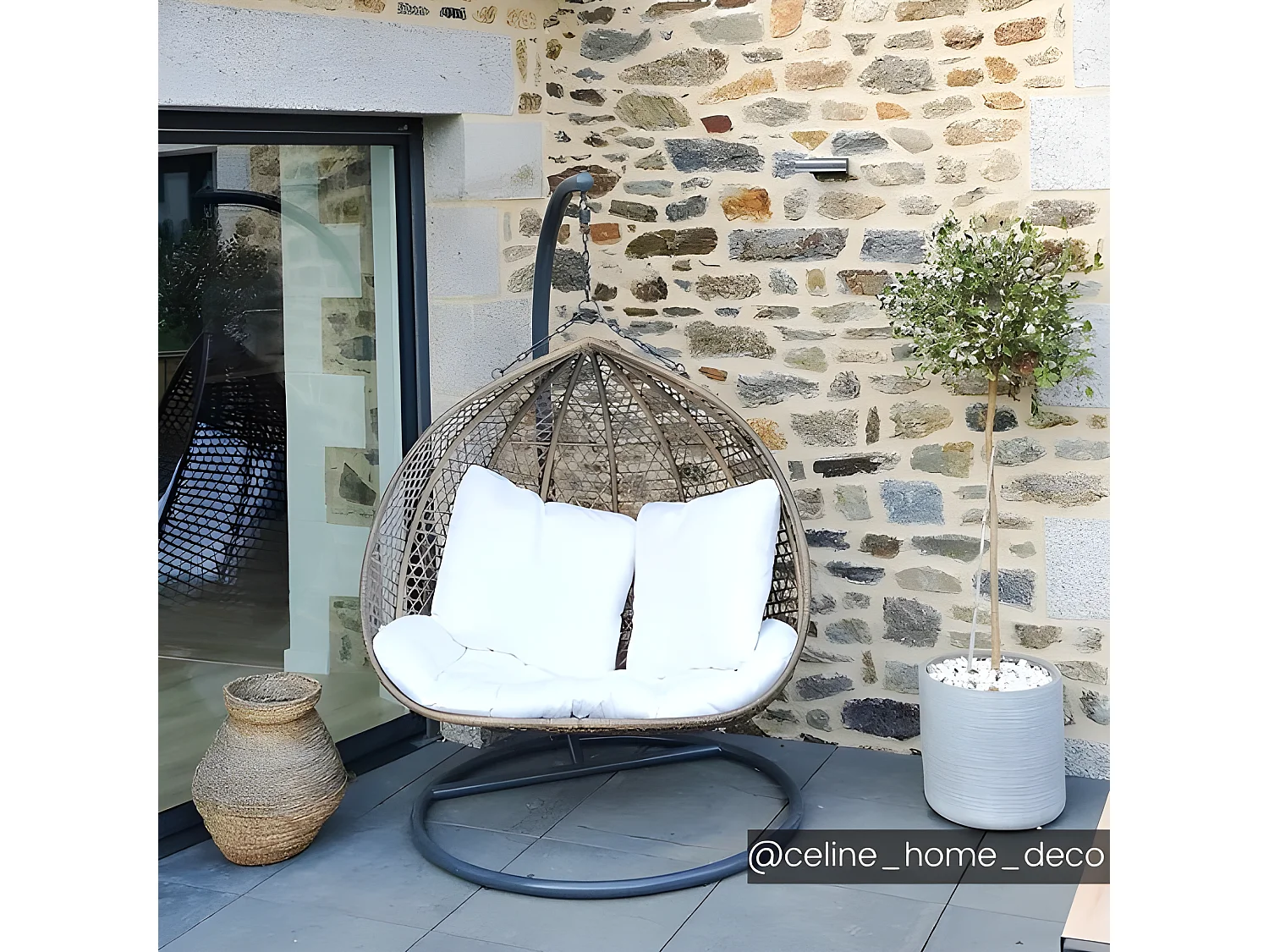 Hängesessel 2-Sitzer Polyrattan - Beige mit weißem Kissen - VAHINA von MYLIA