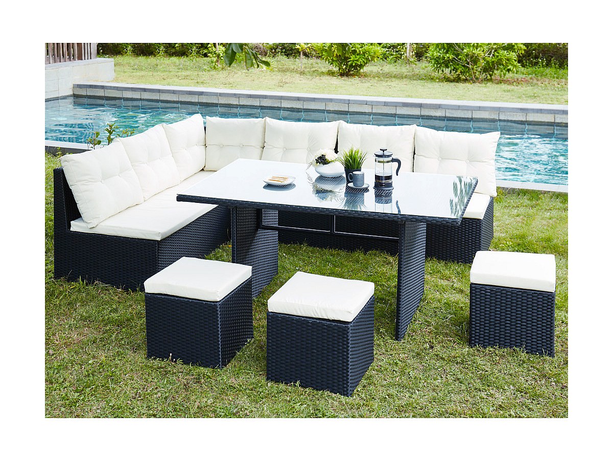 Essgruppe PALAWAN - Anthrazit/Ecru: Sofa, 3 Hocker & 1 Esstisch