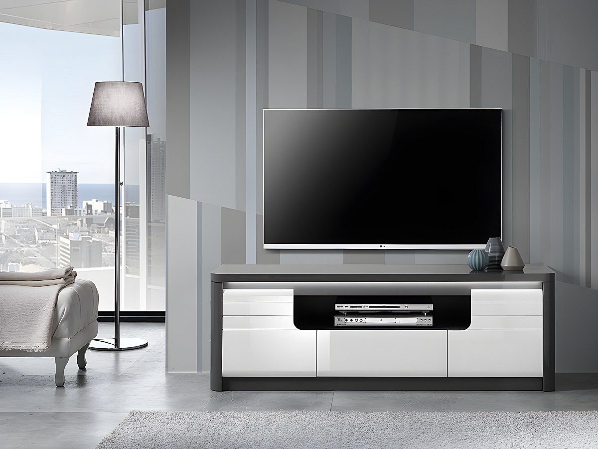 Mueble TV PERCEPTION - LEDs - 2 puertas - Gris y blanco