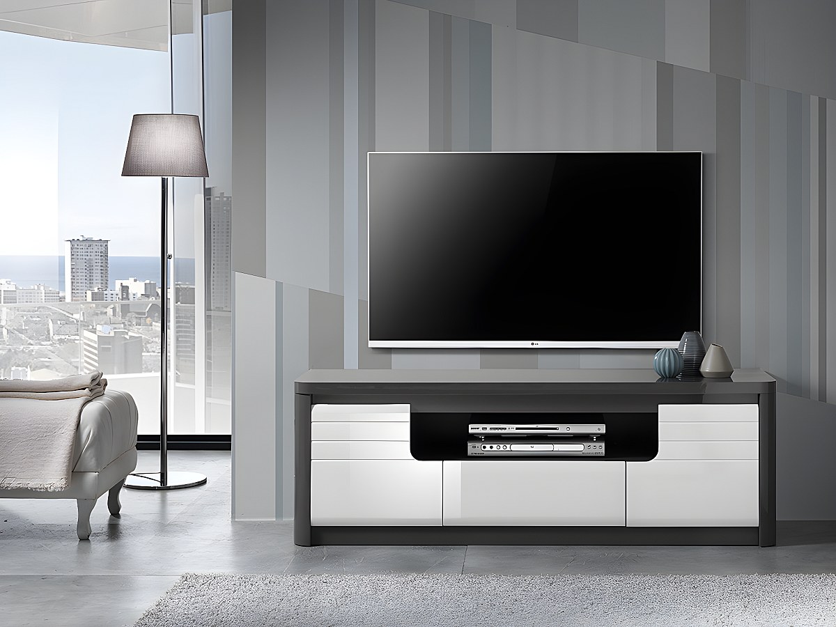 Mueble TV PERCEPTION - LEDs - 2 puertas - Gris y blanco