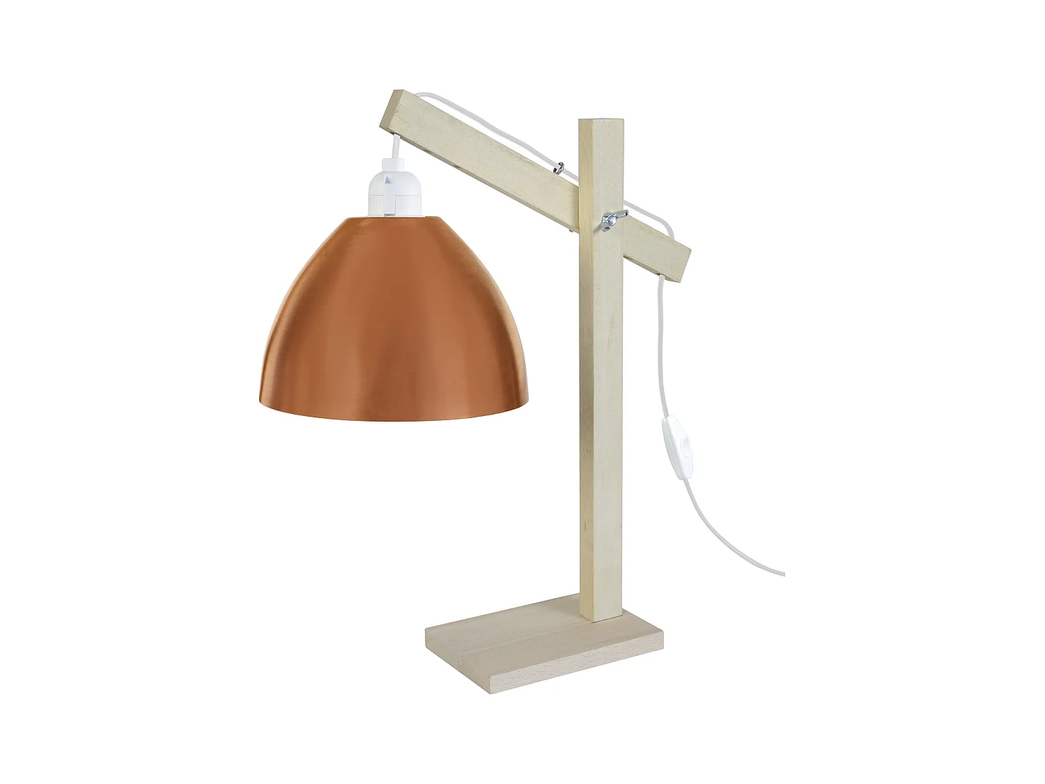 Lampe de bureau articulé bois, métal cuivre 50 cm.