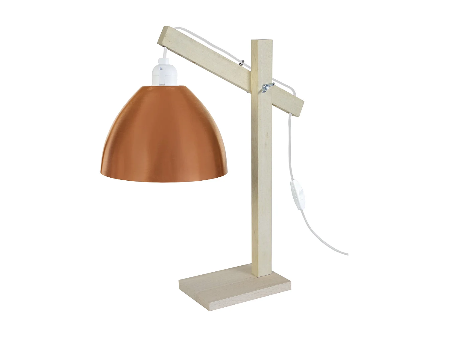Lampe de bureau articulé bois, métal cuivre 50 cm.