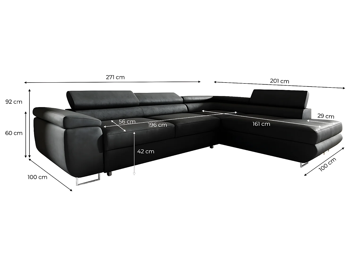 Canapé d'angle convertible droite 4 places Lyam Noir
