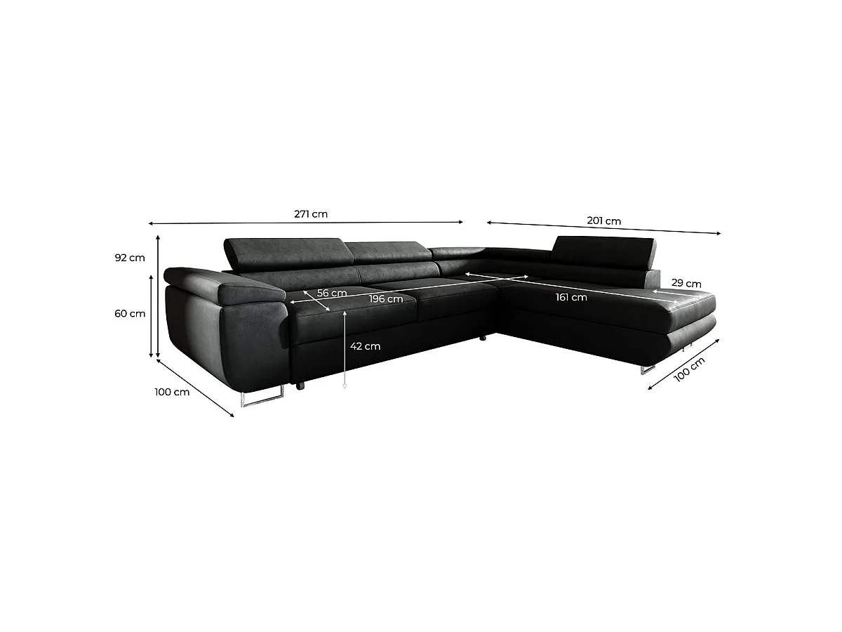 Canapé d'angle convertible 4 places en velours noir LYAM