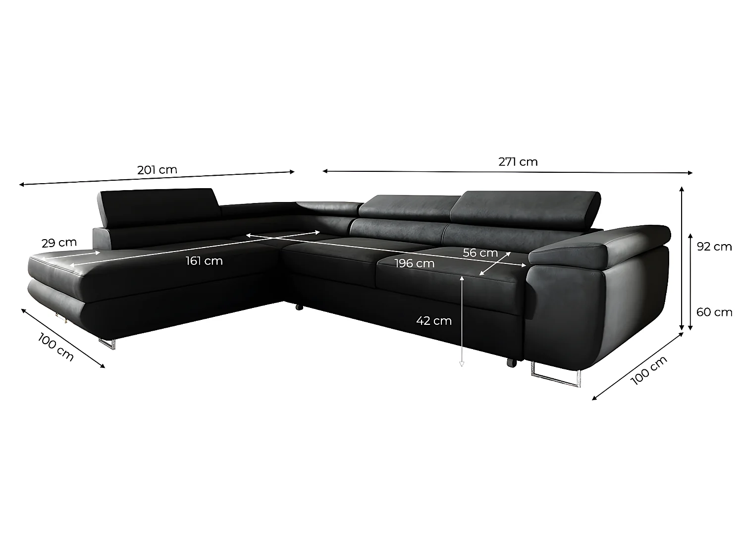 Canapé d'angle convertible gauche 4 places Lyam Noir
