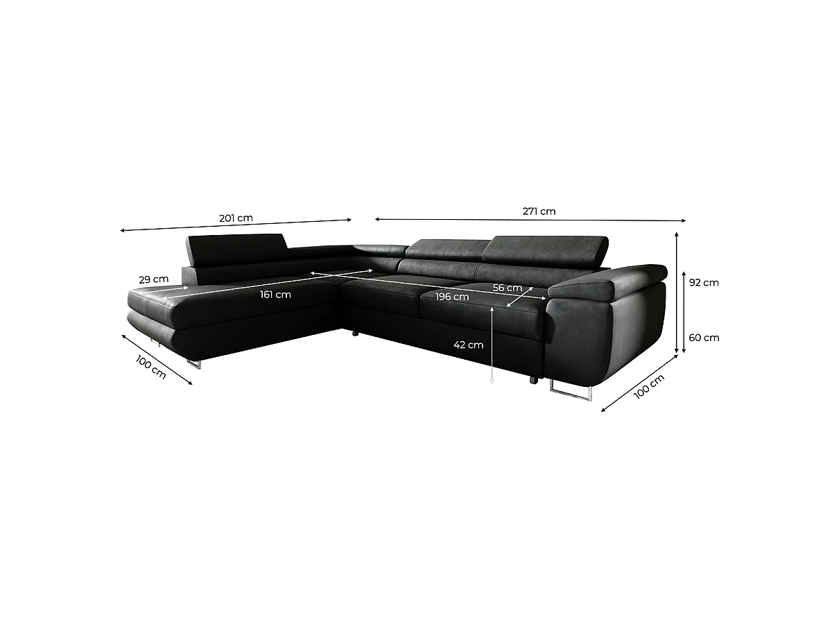 Canapé d'angle convertible 4 places en velours noir LYAM