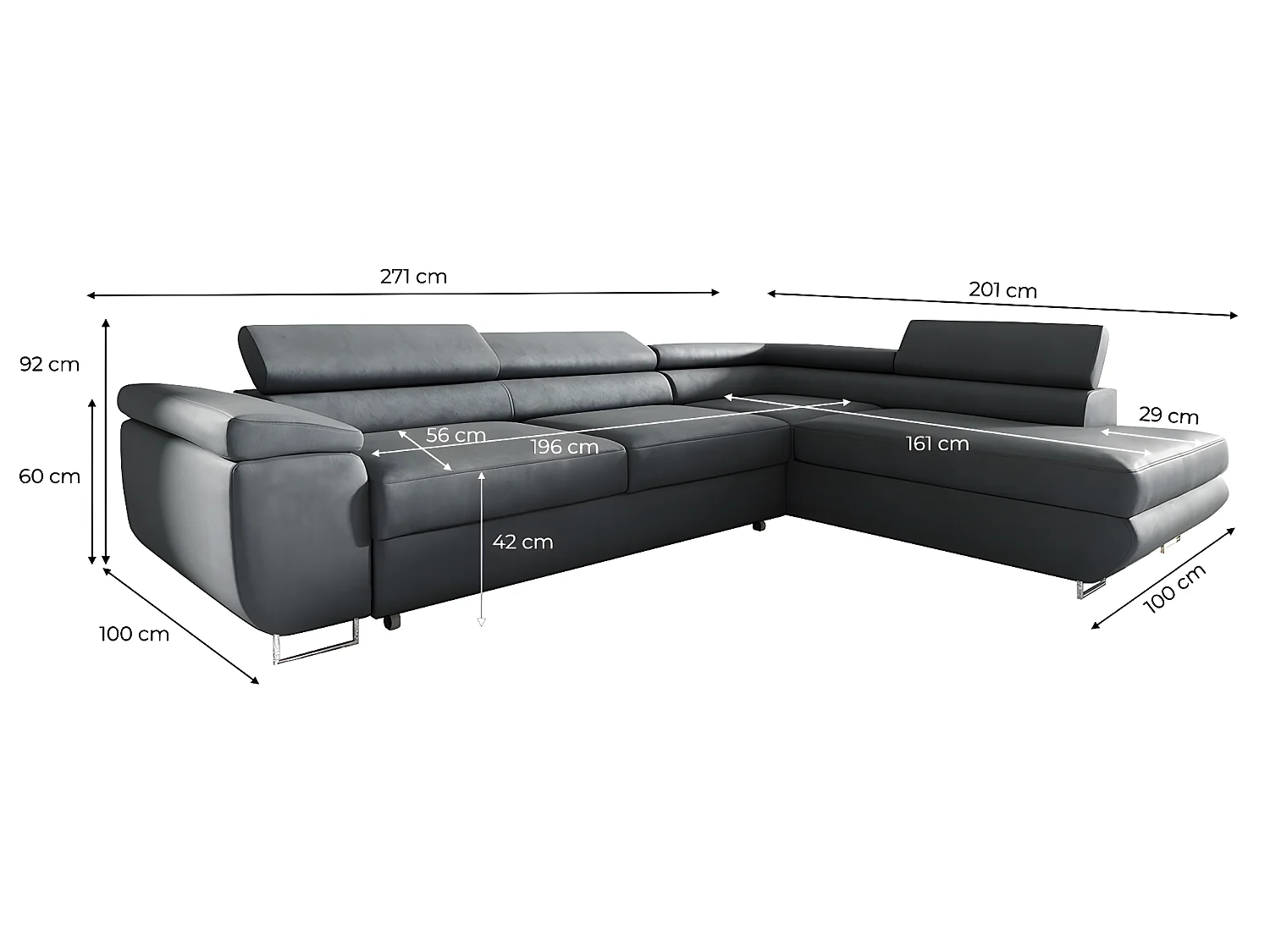 Canapé d'angle convertible droite 4 places Lyam Gris foncé