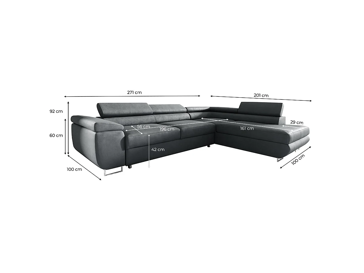Canapé d'angle convertible 4 places en velours gris foncé LYAM