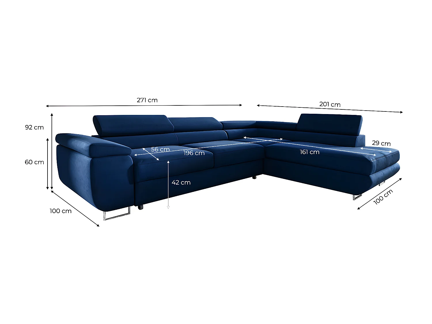 Canapé d'angle convertible droite 4 places Lyam Bleu