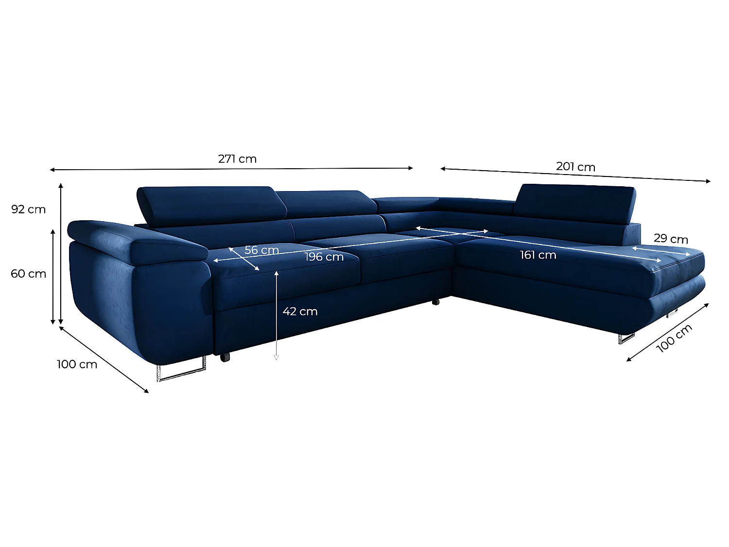 Canapé d'angle convertible droite 4 places Lyam Bleu