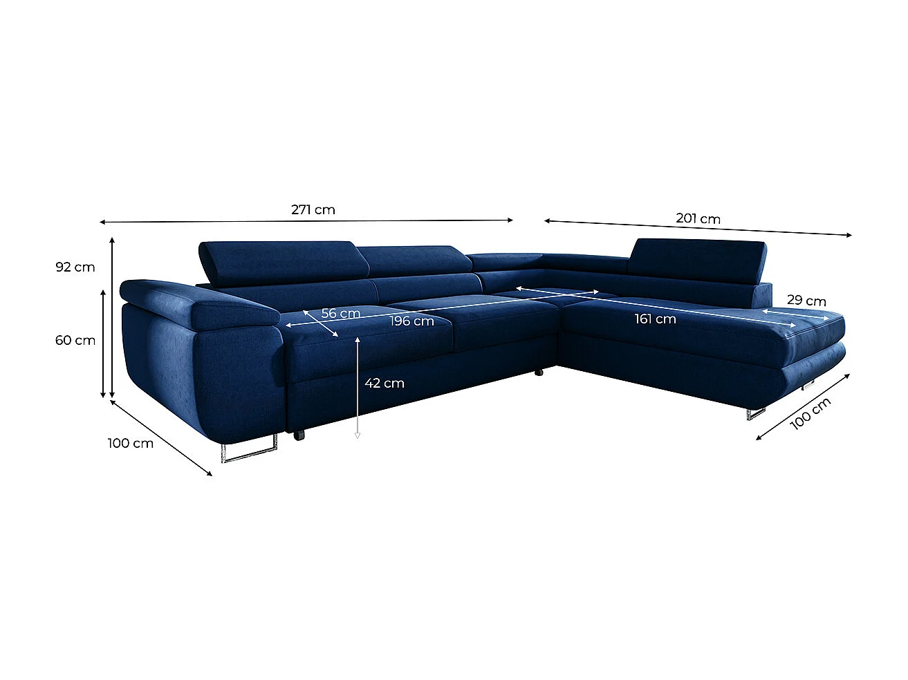 Canapé d'angle convertible droite 4 places Lyam Bleu
