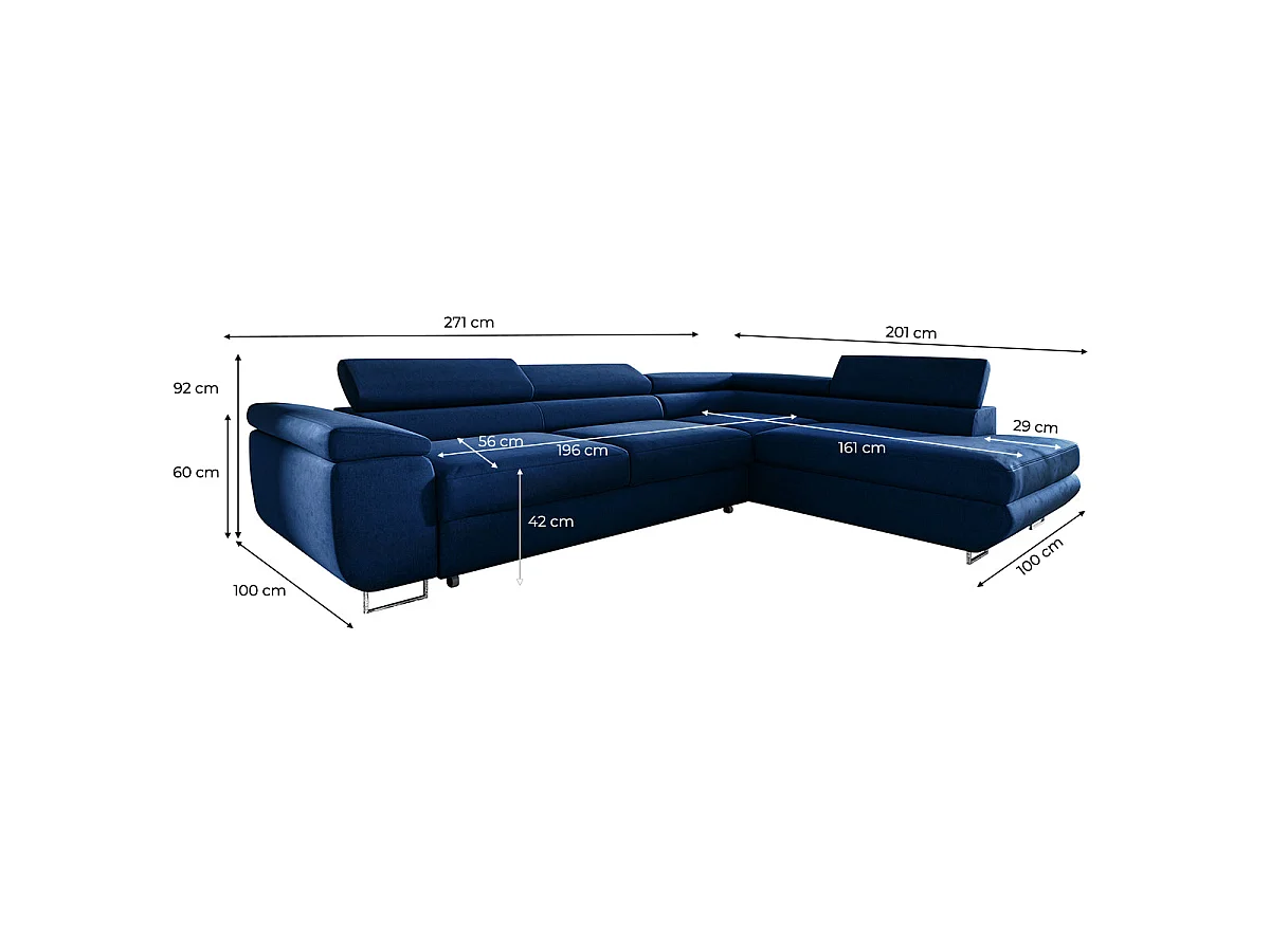 Canapé d'angle convertible 4 places en velours bleu LYAM