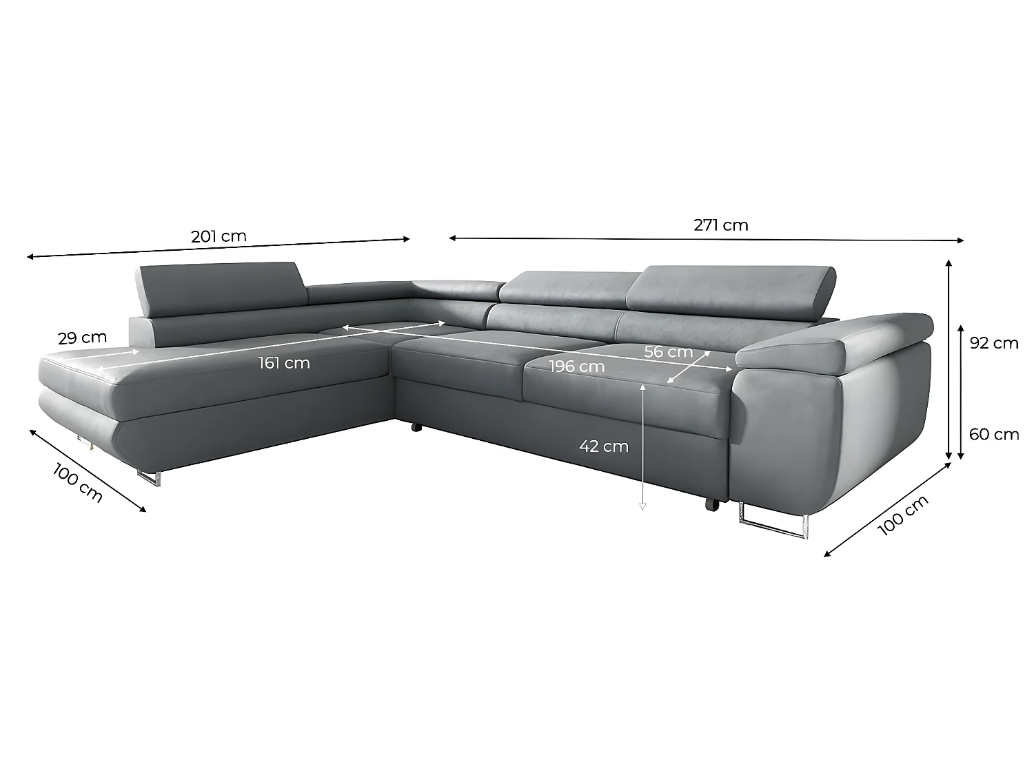 Canapé d'angle convertible gauche 4 places Lyam Gris clair