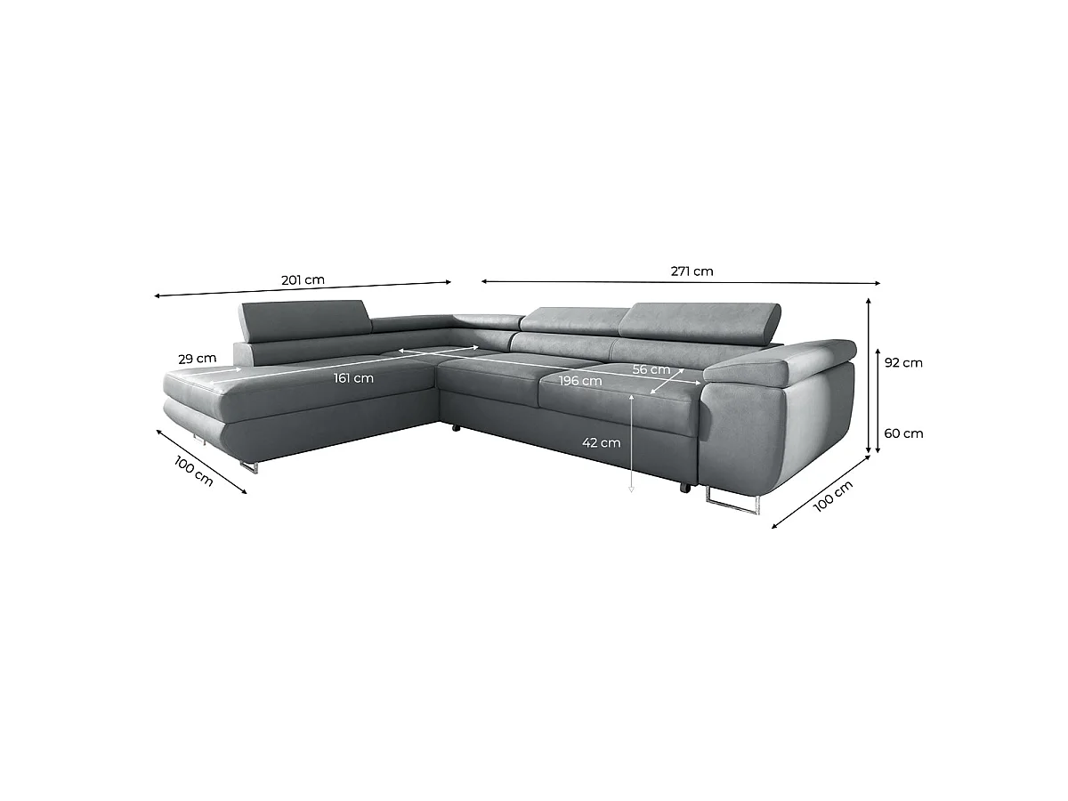 Canapé d'angle convertible 4 places en velours gris clair LYAM