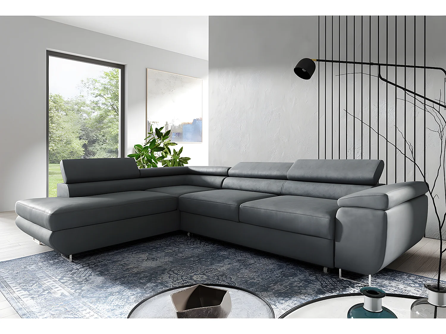 Canapé d'angle convertible gauche 4 places Lyam Gris foncé