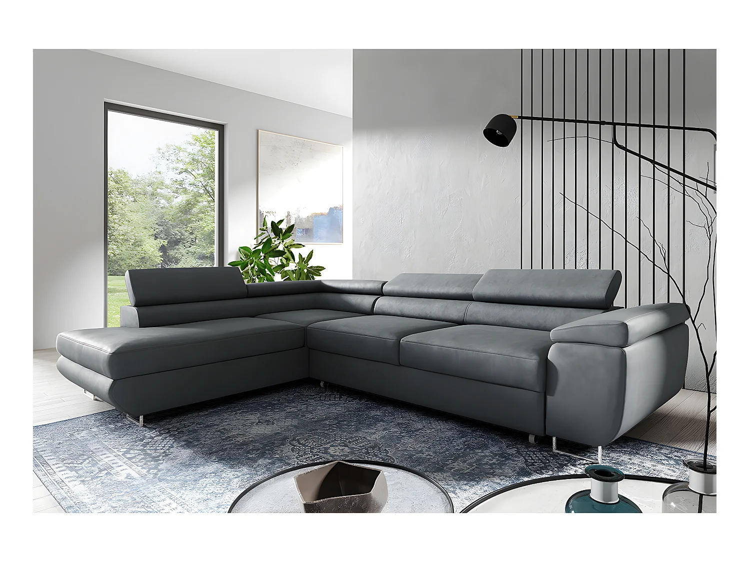 Canapé d'angle convertible gauche 4 places Lyam Gris foncé
