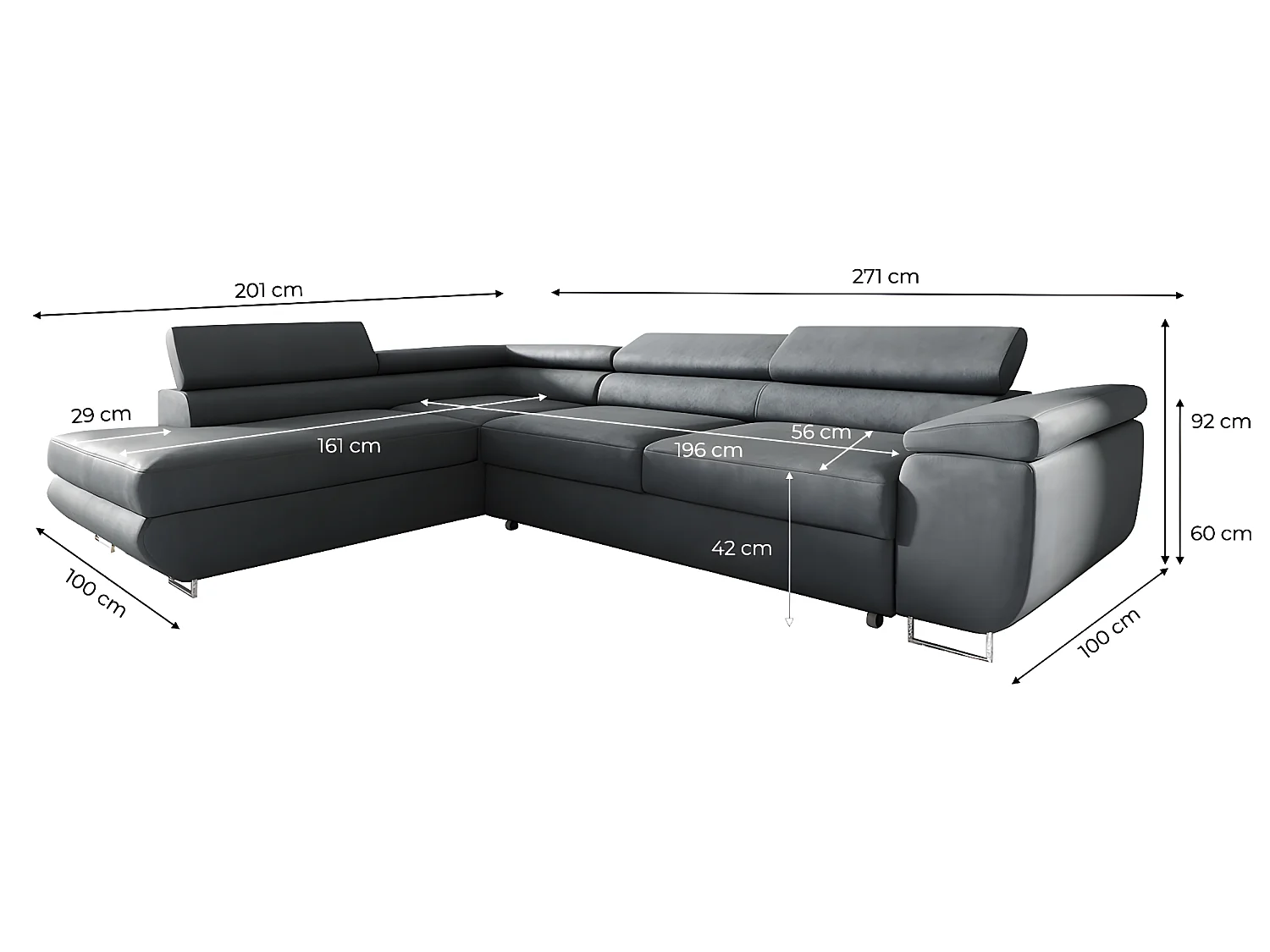 Canapé d'angle convertible gauche 4 places Lyam Gris foncé