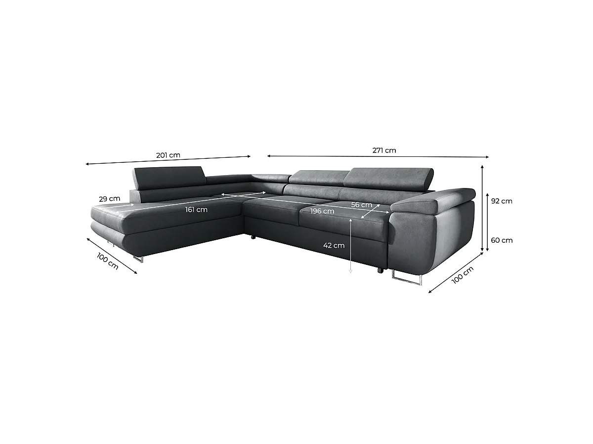 Canapé d'angle convertible 4 places en velours gris foncé LYAM