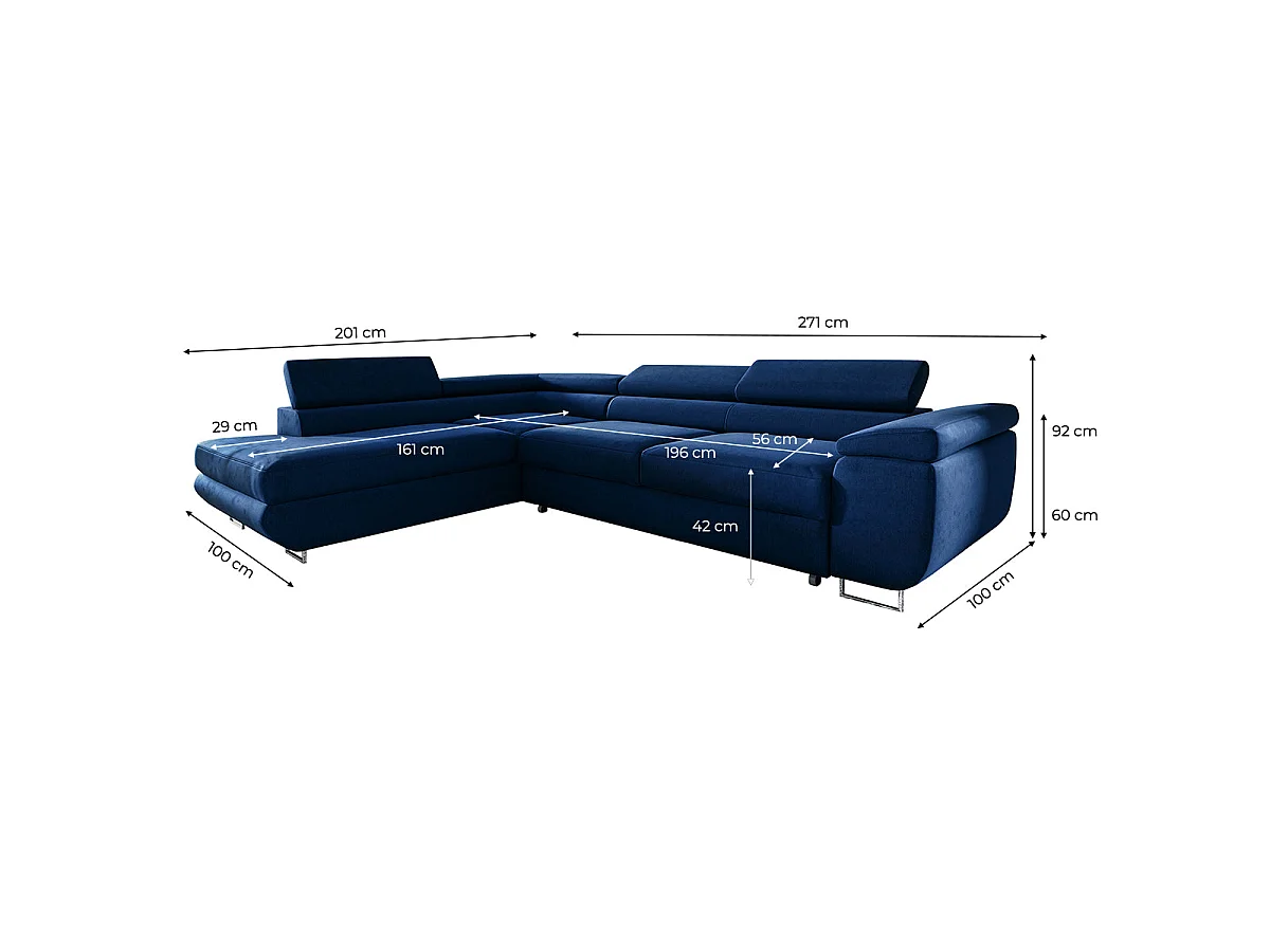 Canapé d'angle convertible 4 places en velours bleu LYAM