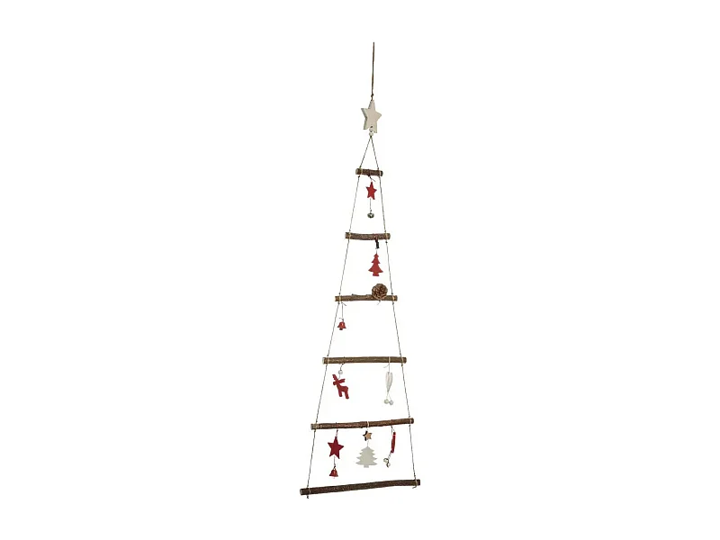 Árbol de Navidad de Madera Decorado para Colgar H 75 cm Rojo y Blanco