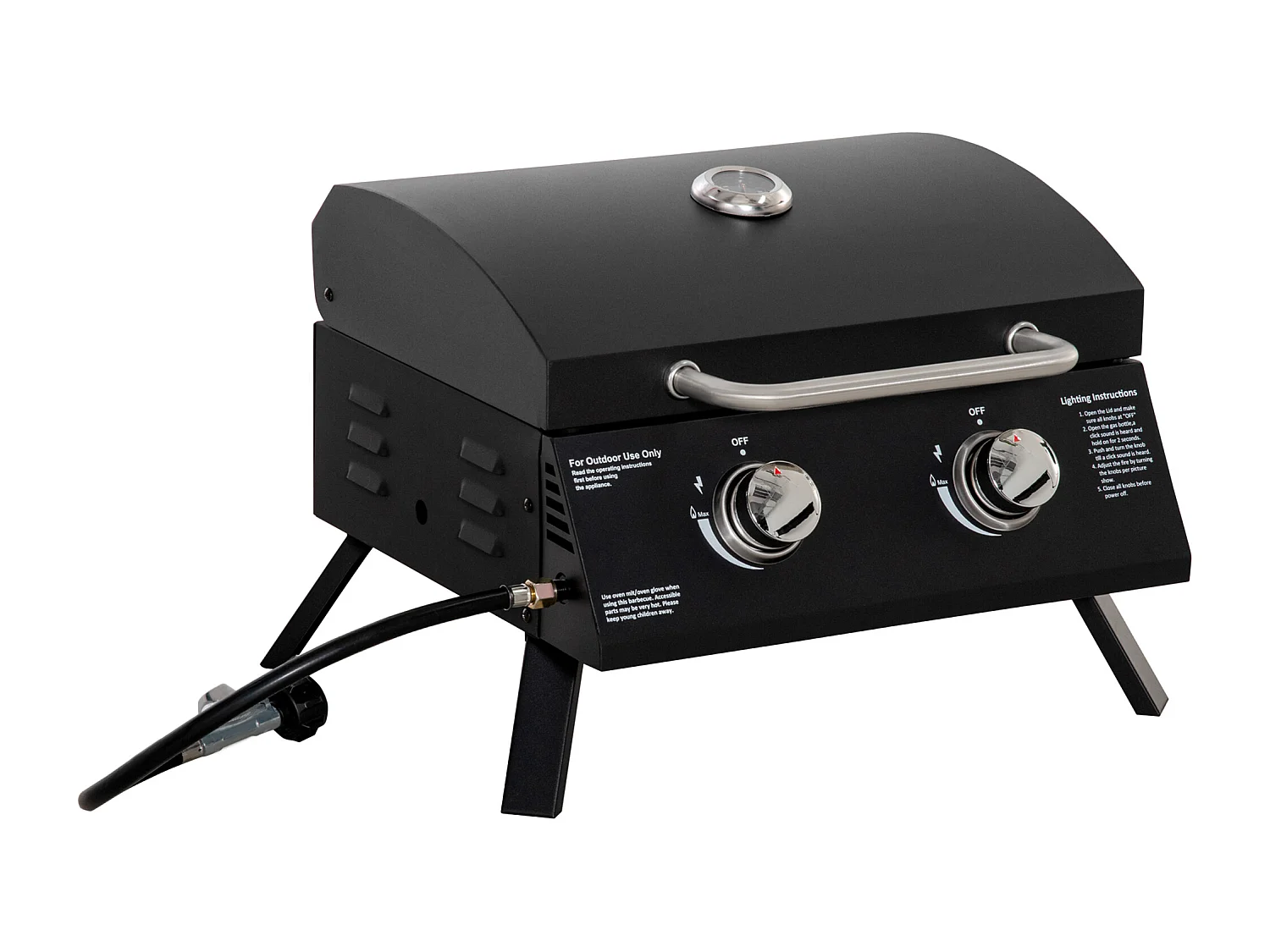 Barbecue gaz de table transportable pieds pliables - 2 brûleurs 5 kW - barbecue gaz de camping - grille de cuisson, réceptacle graisse, thermomètre - acier noir