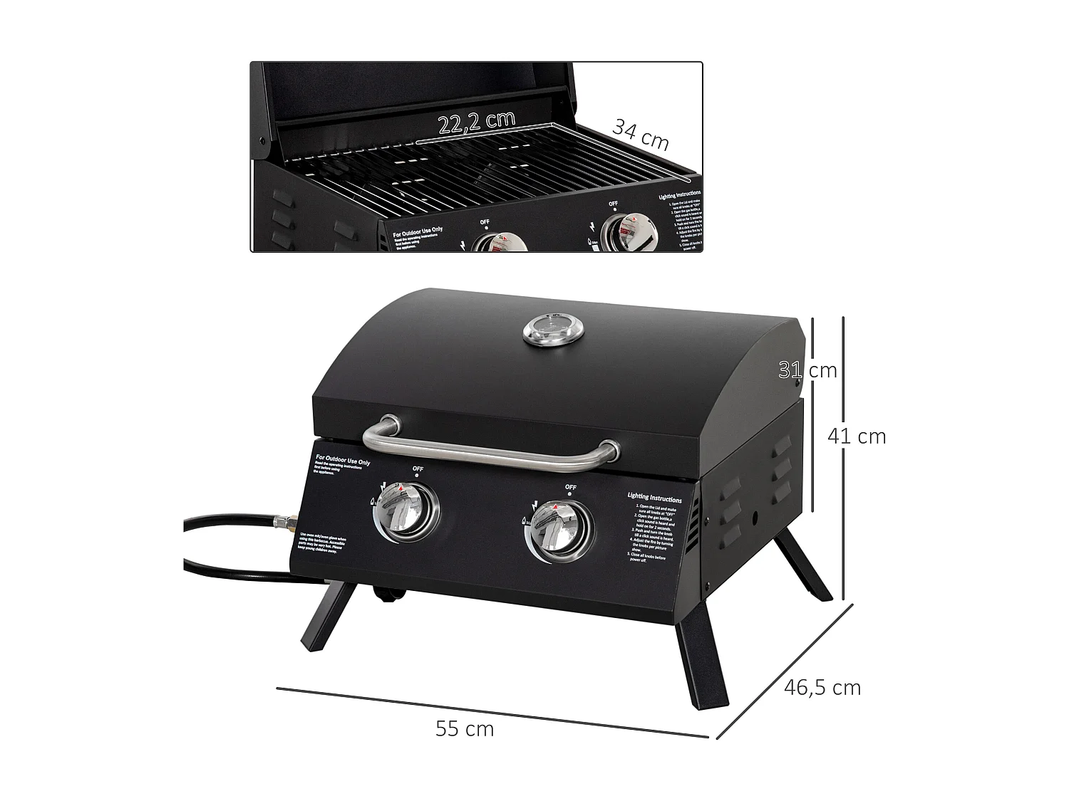 Barbecue gaz de table transportable pieds pliables - 2 brûleurs 5 kW - barbecue gaz de camping - grille de cuisson, réceptacle graisse, thermomètre - acier noir
