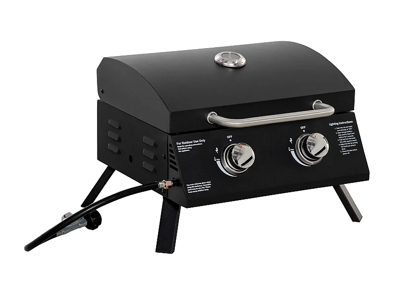 Barbecue gaz de table transportable pieds pliables - 2 brûleurs 5 kW - barbecue gaz de camping - grille de cuisson, réceptacle graisse, thermomètre - acier noir